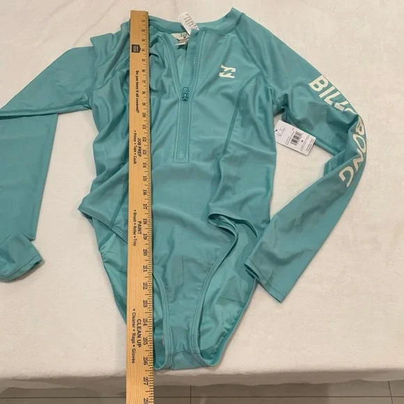 Billabong teal green long sleeve zip up one piece surfer swimsuit rashgard M - Picture 7 of 9